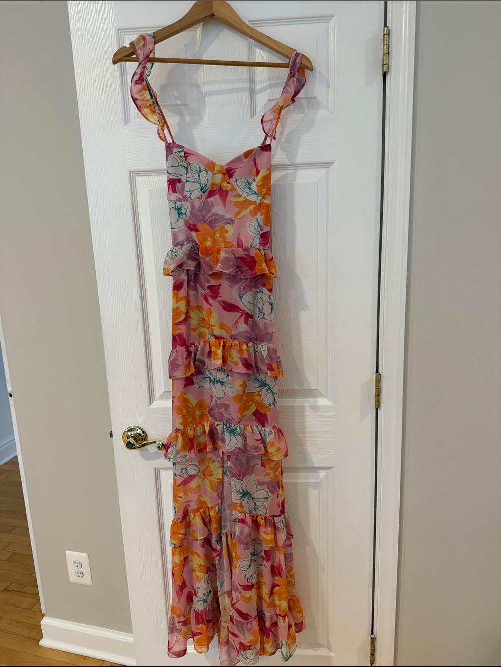 Floral Ruffled Maxi Dress in Pink and Orange- new, never worn